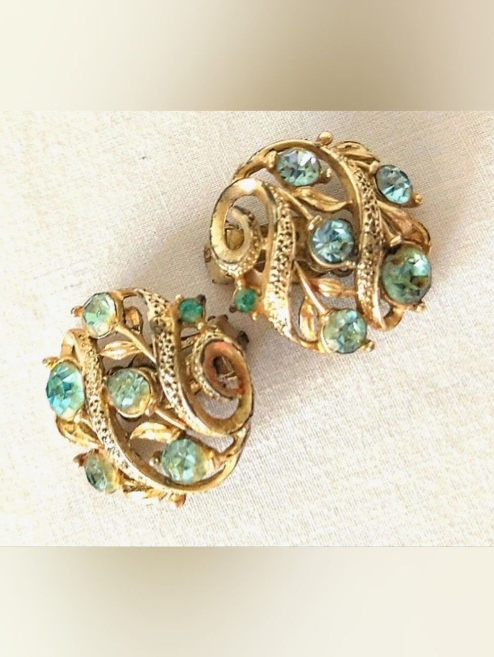Signed 1950s "Lisner" Gold Tone & Blue, Aqua, Green AB Rhinestones